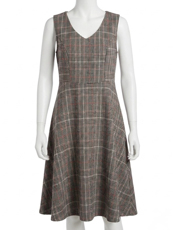 Dresses & Skirts - Glen Plaid V-Neck Sleeveless Pinafore Midi Dress Grey Orange M⁠ Fall Layering